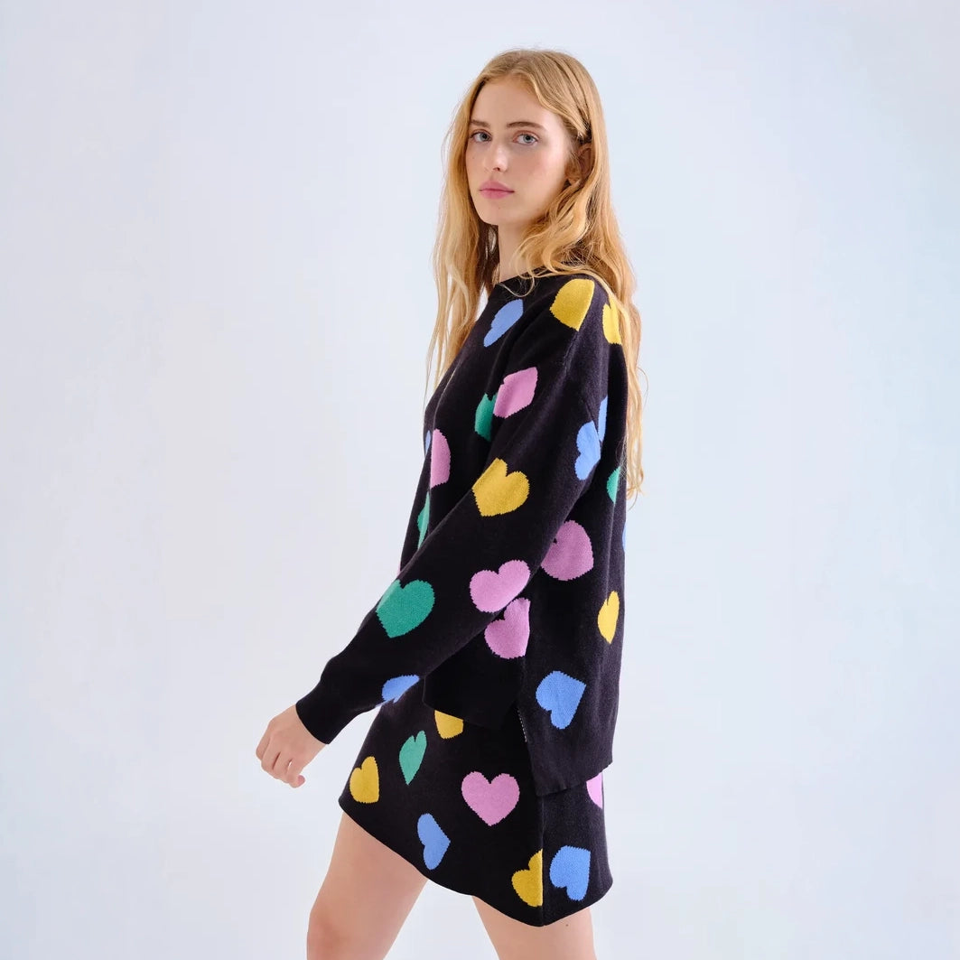 Minifalda de Punto Jacquard Negra Corazones Candy