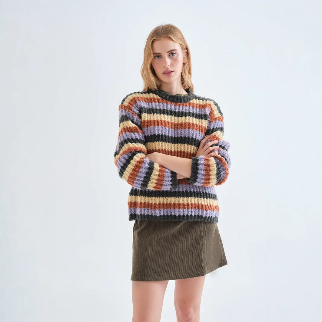 Jersey de Punto Rizado a Rayas Multicolor