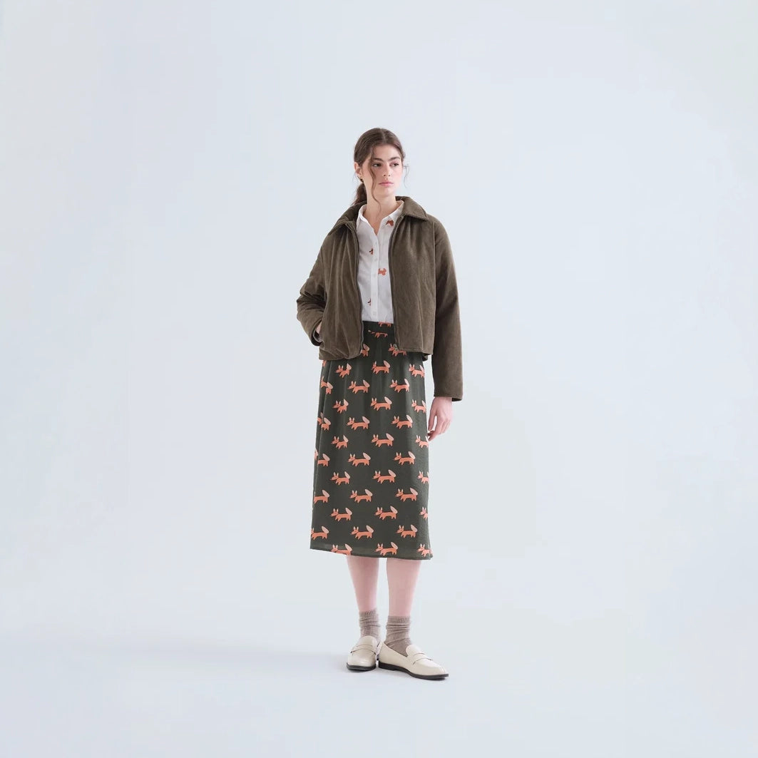 Falda Midi Evasé Verde Bosque con Estampado Volpe