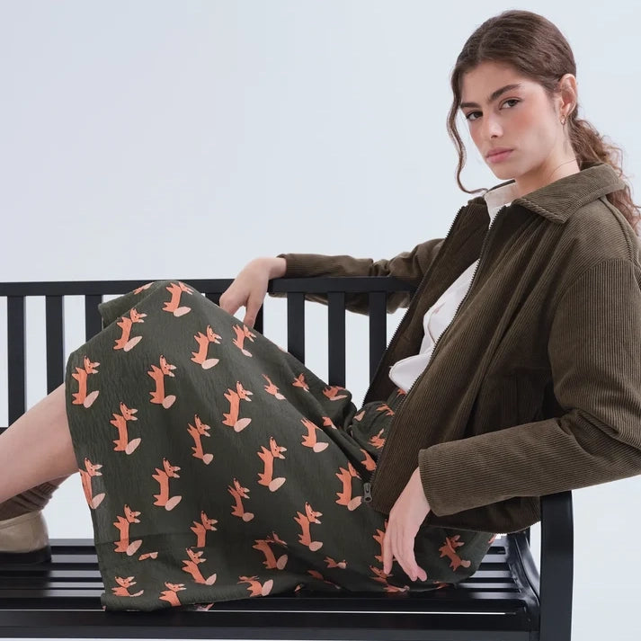 Falda Midi Evasé Verde Bosque con Estampado Volpe