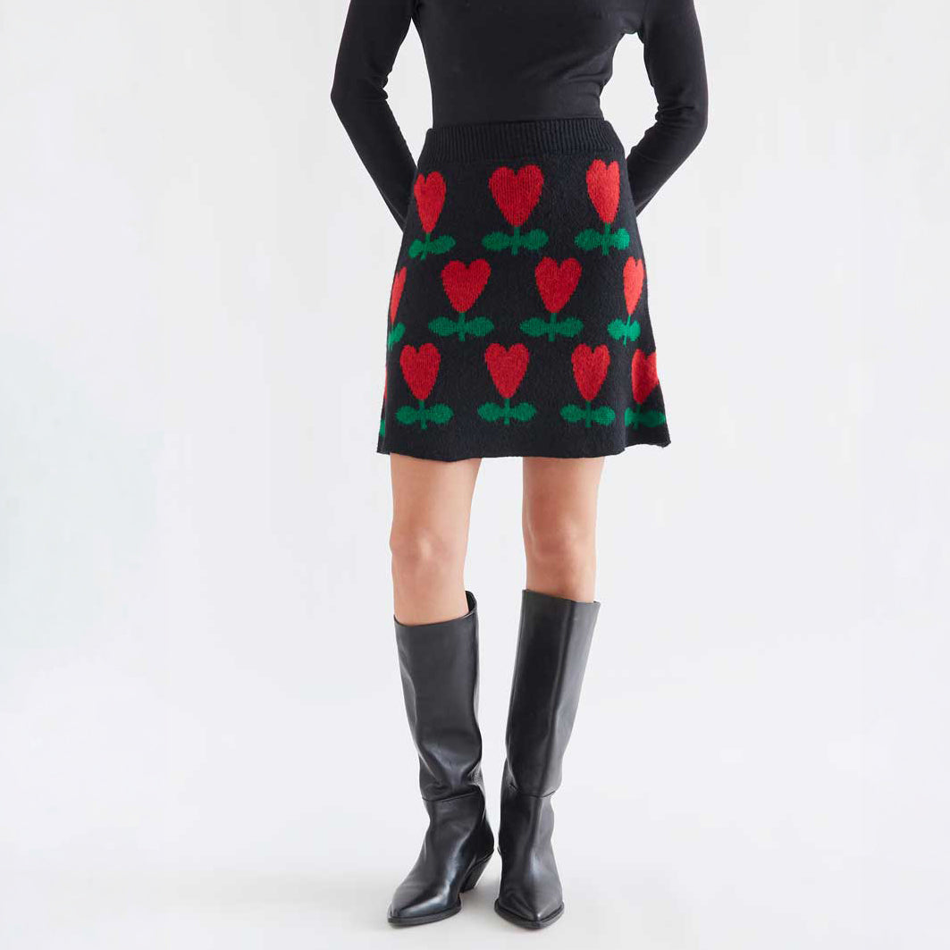 Minifalda de Punto Jacquard Negra con Flores Ciclamen