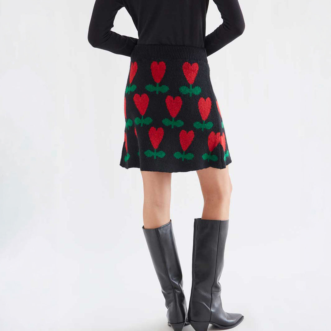 Minifalda de Punto Jacquard Negra con Flores Ciclamen
