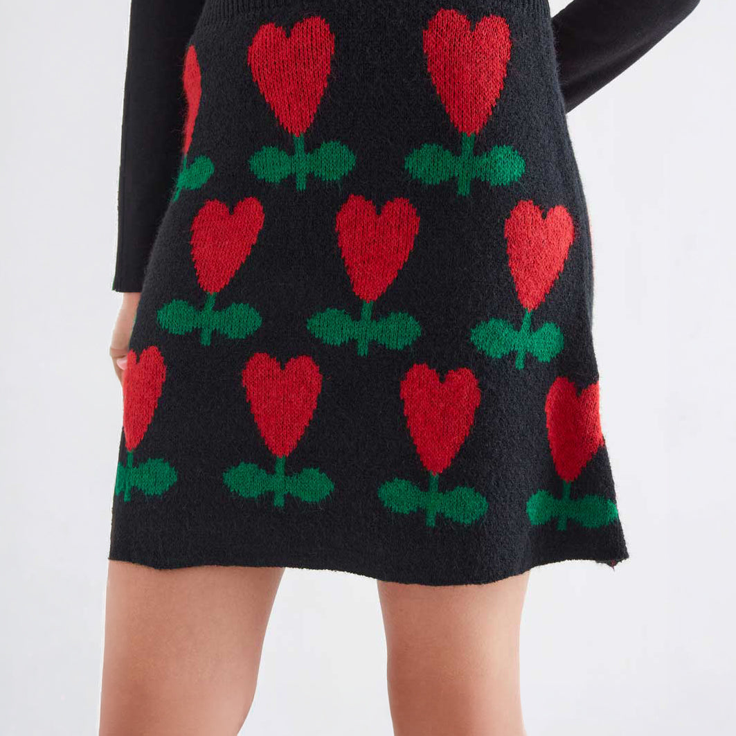Minifalda de Punto Jacquard Negra con Flores Ciclamen