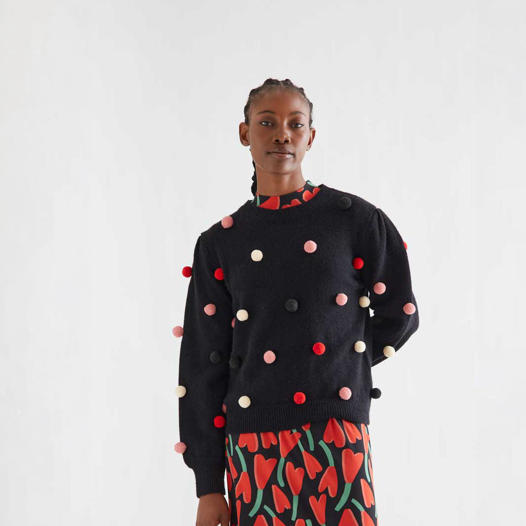 Jersey de Punto Negro con Pompones Multicolor