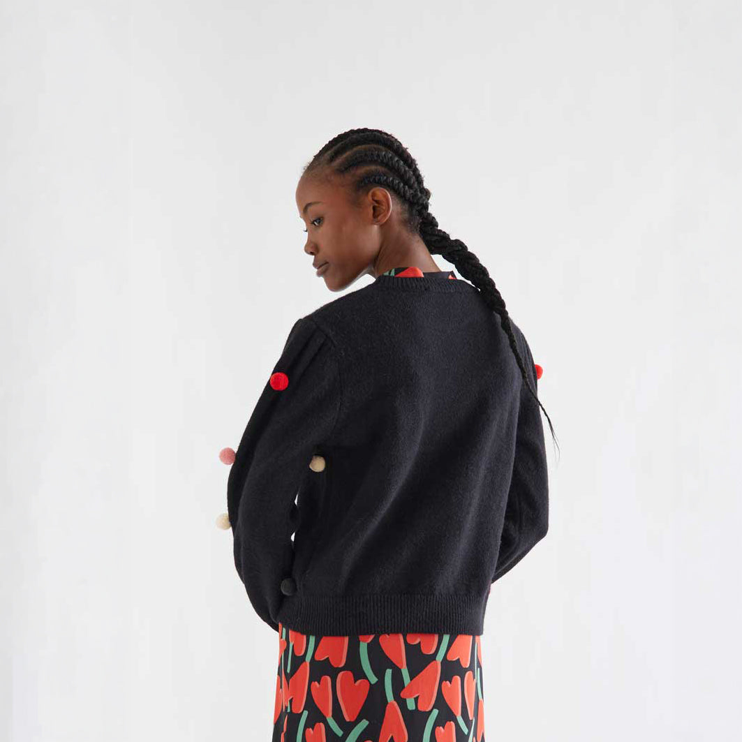 Jersey de Punto Negro con Pompones Multicolor