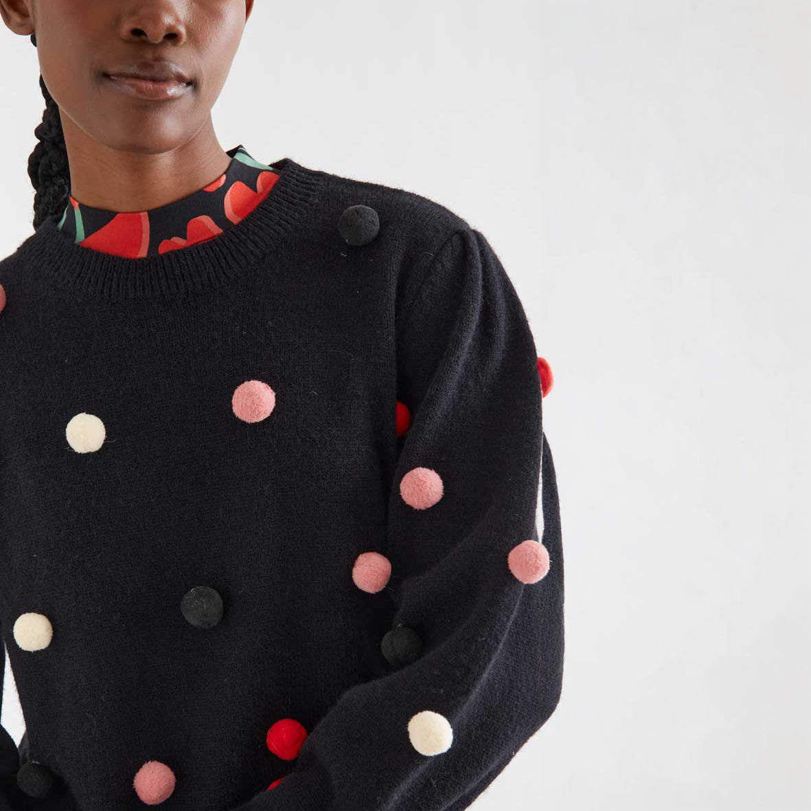 Jersey de Punto Negro con Pompones Multicolor