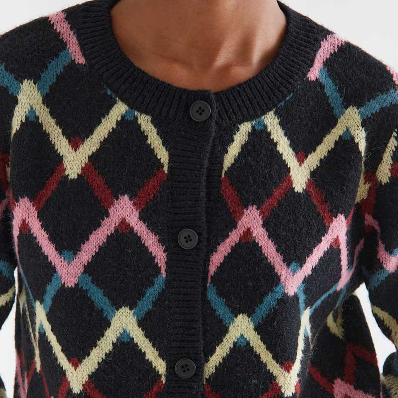 Cárdigan de Punto Negro Estampado Geométrico Skein