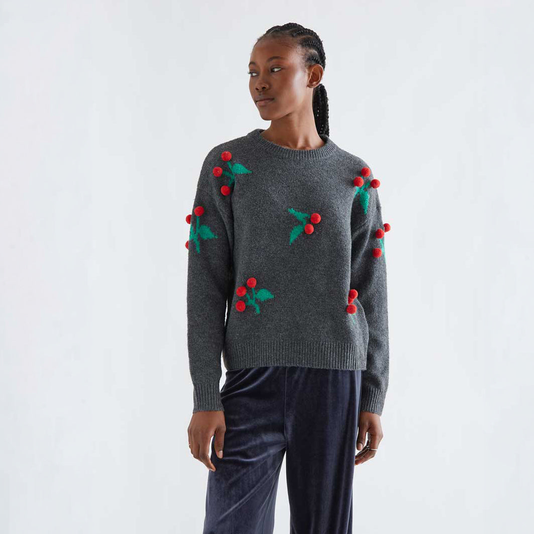 Jersey de Punto Gris Marengo con Pompones de Guindas Rojas