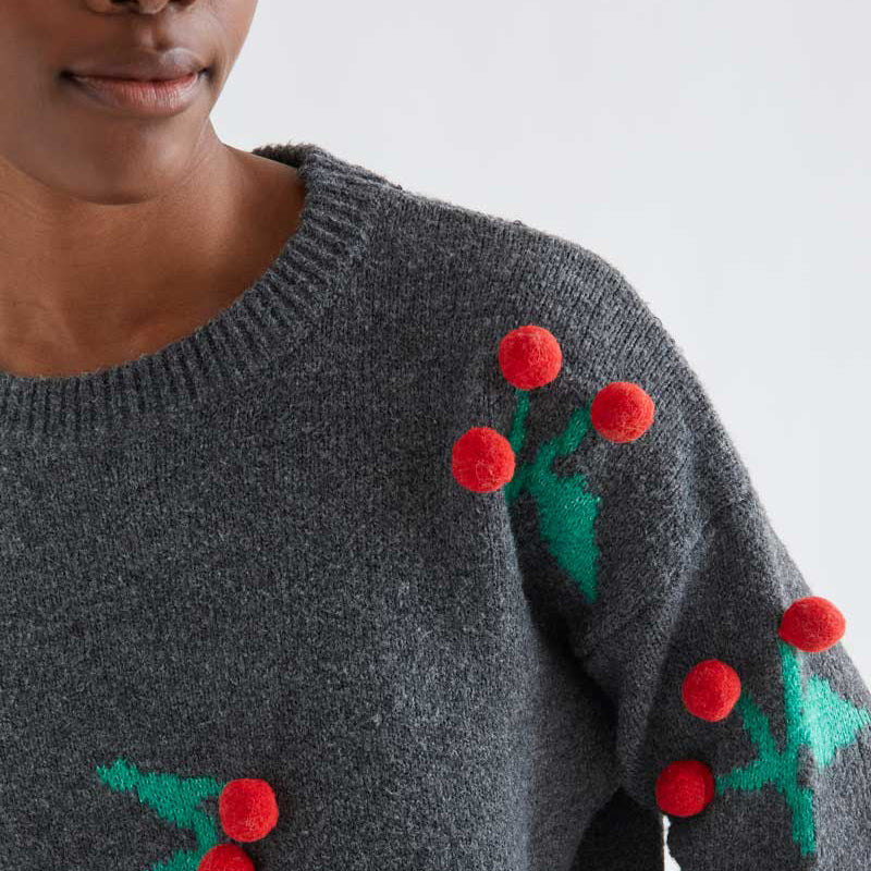 Jersey de Punto Gris Marengo con Pompones de Guindas Rojas