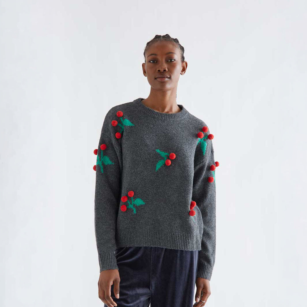 Jersey de Punto Gris Marengo con Pompones de Guindas Rojas