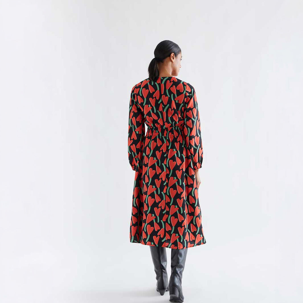 Vestido Midi Fluido Escote Pico Flores Ciclamen