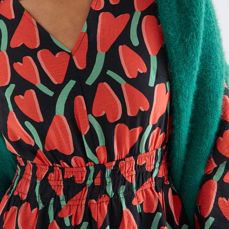 Vestido Midi Fluido Escote Pico Flores Ciclamen