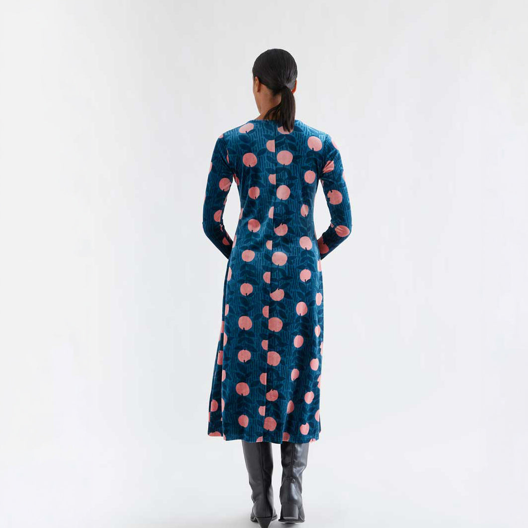 Vestido Midi de Terciopelo Azul Petróleo Estampado Lychee