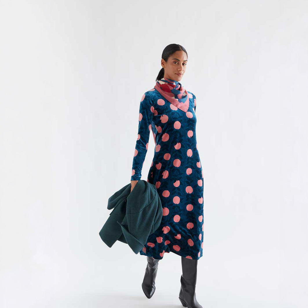 Vestido Midi de Terciopelo Azul Petróleo Estampado Lychee