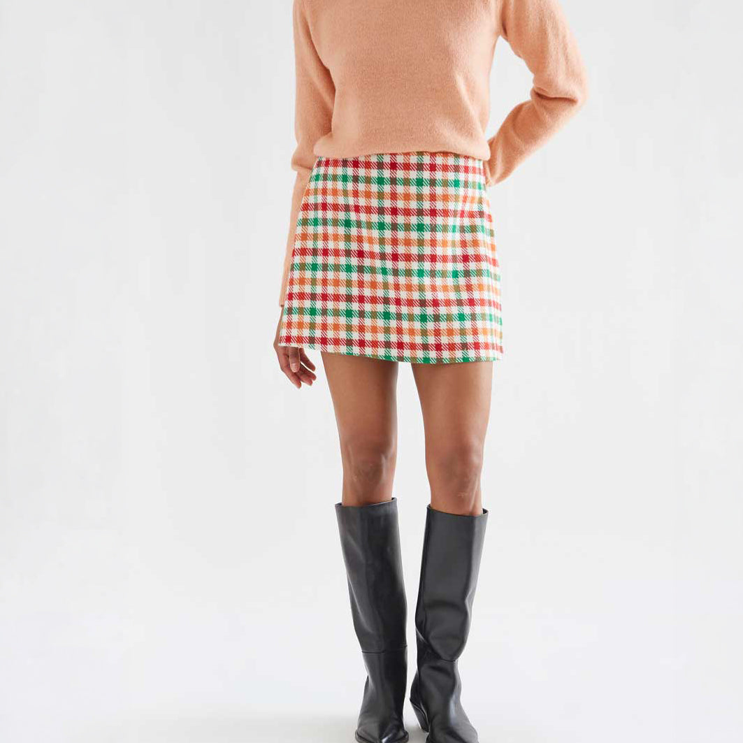 Minifalda Evasé de Tweed con Cuadros Multicolor