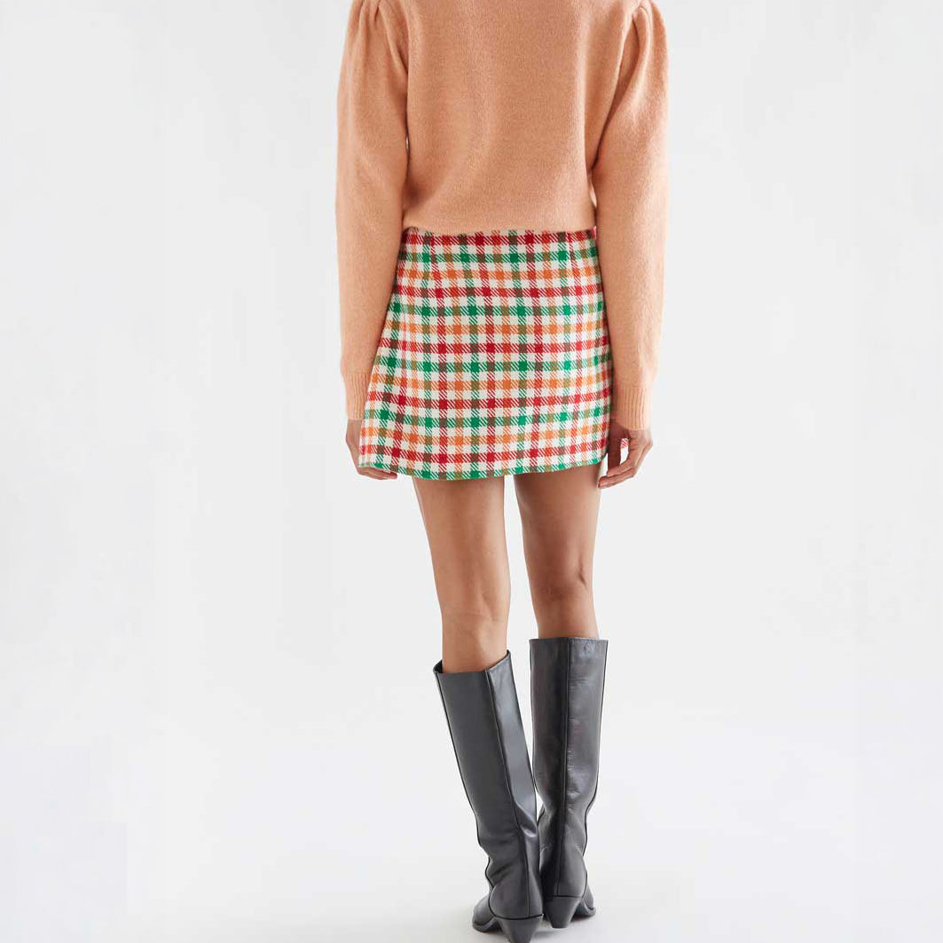Minifalda Evasé de Tweed con Cuadros Multicolor