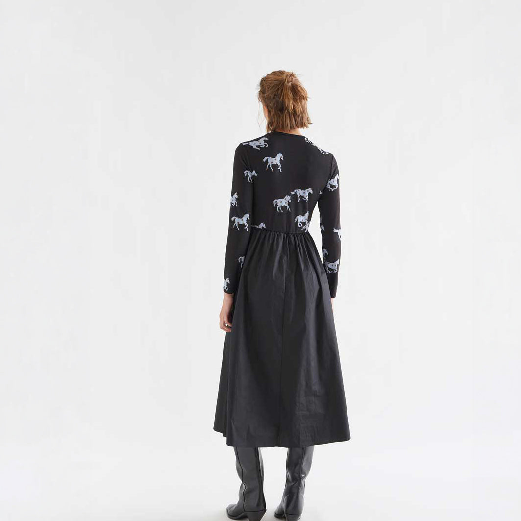 Vestido Midi Combinado de Algodón Estampado Horse