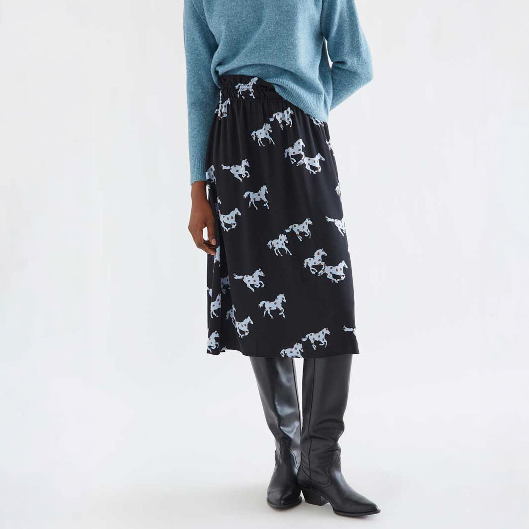 Falda Midi Fluida con Cintura Fruncida Estampado Horse