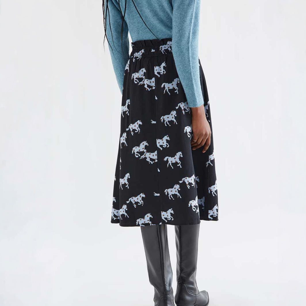 Falda Midi Fluida con Cintura Fruncida Estampado Horse