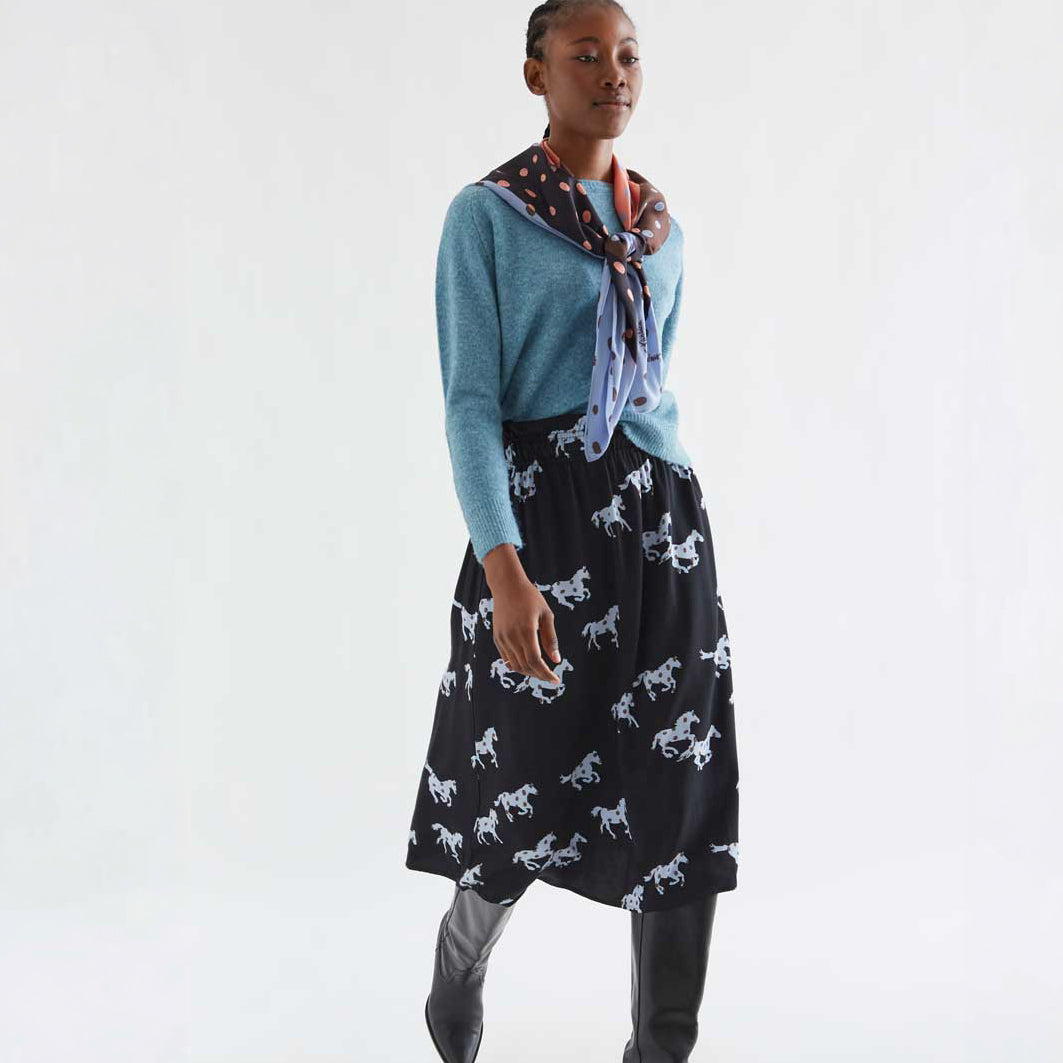 Falda Midi Fluida con Cintura Fruncida Estampado Horse