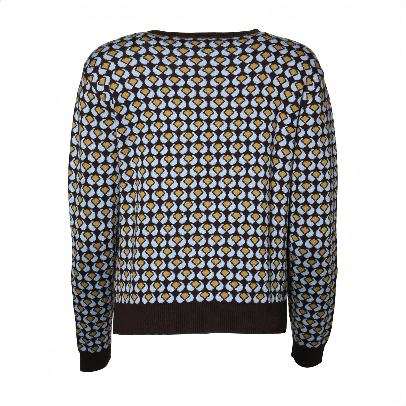 Jersey geométrico en tonos azul, mostaza y marrón